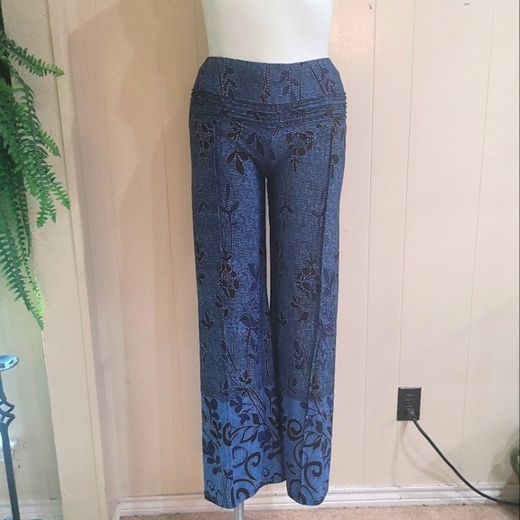 Urban Mango Straight Leg Blue Printed Pant Leisure Palazzo Women's Sz L Culottes - Picture 7 of 11